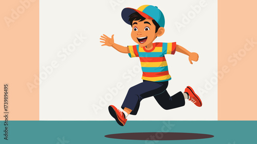Energetic young boy running happily with a big smile, wearing a vibrant striped shirt and cap.
