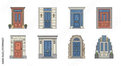 Vector set of different style house front doors isolated on white.