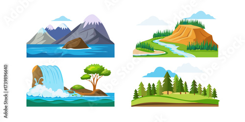 Solid style icons of natural landscapes: mountain peak, forest trees, flowing river, desert dunes, ocean wave, waterfall icon, grassy hill, island view.
