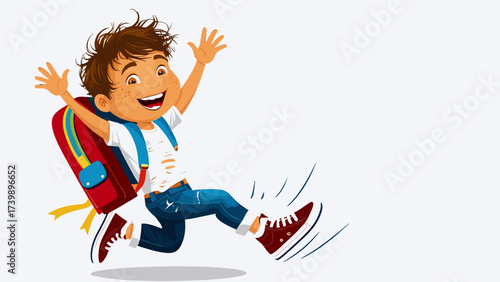 Joyful young boy with backpack running and jumping, arms raised in excitement, cartoon illustration symbolizing happiness and freedom.