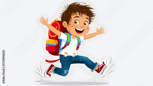 Joyful cartoon boy with backpack jumping happily, full of energy and excitement for school or adventure