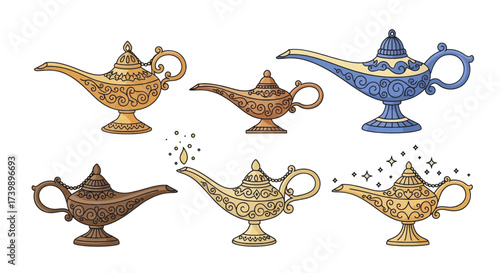 Collection of six ornate magic genie lamps illustration.