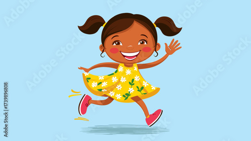 Joyful cartoon girl with pigtails running and waving in a yellow floral dress, cheerful child illustration