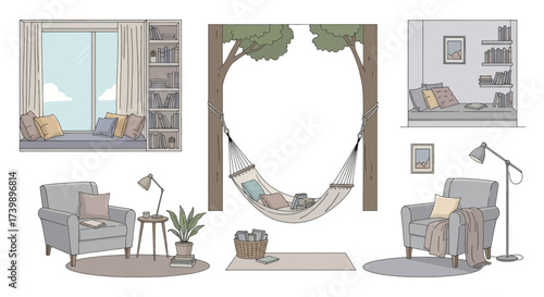 Collection of cozy reading nooks and relaxation spots illustration set.