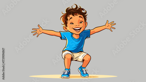 Smiling cartoon boy with open arms, joyful child illustration