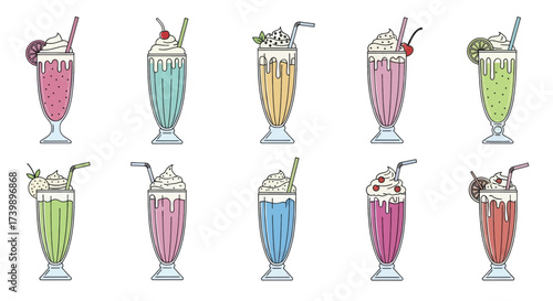 Set of ten different colorful milkshakes in tall glasses.