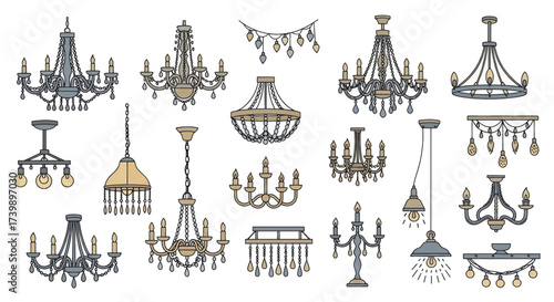 Set of handdrawn chandelier and light fixture illustrations.