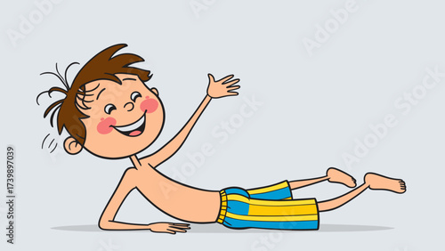 Happy cartoon boy in swim trunks waving. Cheerful child character in swimwear lying down, summer fun illustration.