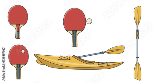 Set of sports equipment for table tennis and kayaking isolated on white background.