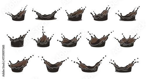 Collection of chocolate or coffee splash vector illustrations.