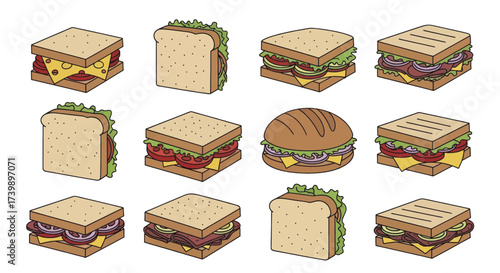 Collection of various cartoon sandwiches illustration set.