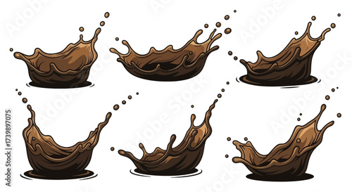 Collection of dynamic chocolate or coffee splashes vector illustration.