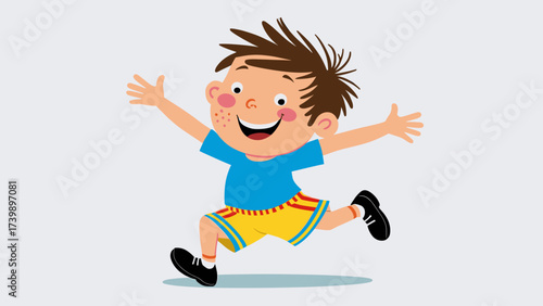 Joyful cartoon boy running and jumping, arms outstretched, wide happy smile, energetic child illustration