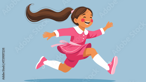 Smiling little girl in a pink dress joyfully running or jumping, active and happy childhood illustration