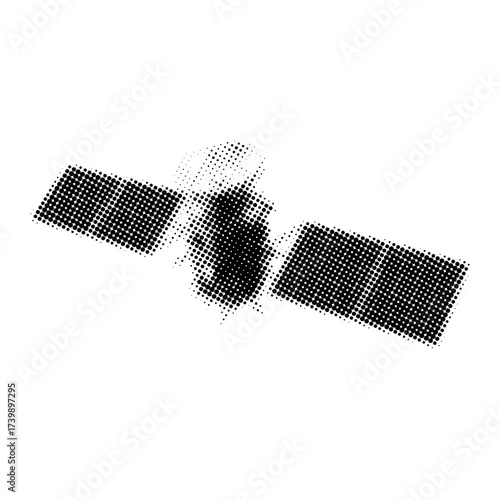 Halftone satellite with solar panels in black and white design