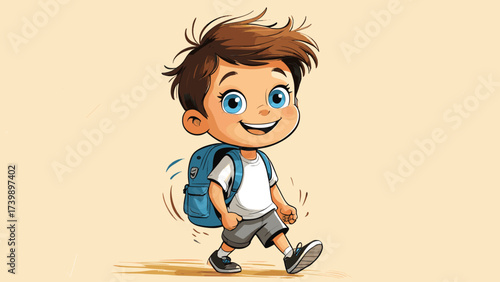 Cheerful cartoon boy with blue backpack walking, smiling happily, isolated character illustration for kids