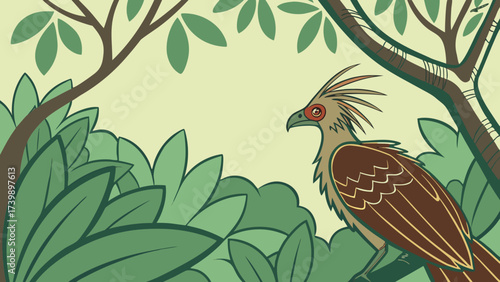 Zoomed-in shot of a Hoatzin resting among the forest trees greenish view.