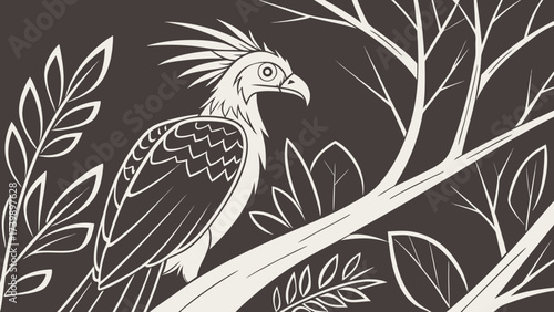 Zoomed-in shot of a Hoatzin resting among the forest trees dark view.