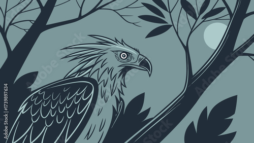 Zoomed-in shot of a Hoatzin resting among the forest trees dark view.