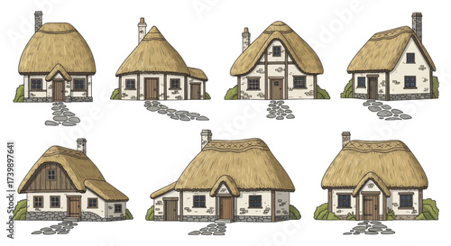 Set of handdrawn medieval thatched roof cottages.