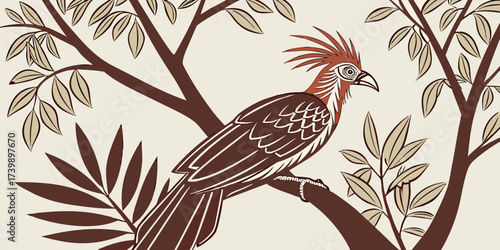 Zoomed-in shot of a Hoatzin resting among the forest trees.