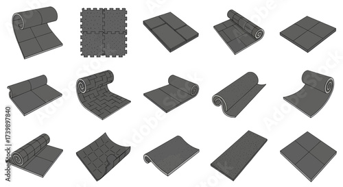 A diverse collection of gray flooring mats and rolls illustration set.