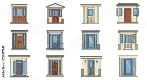Illustrated collection of various house front doors and porches.