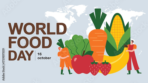 Vector art of world food day graphic featuring a large assortment of fresh fruits and vegetables with people, emphasizing healthy eating and global food awareness
