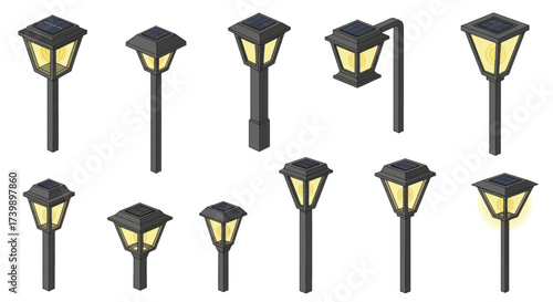 Isometric set of solar powered garden lights and lamps.