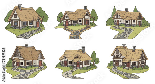 Set of six medieval fantasy village cottages with thatched roofs.