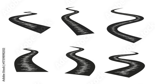 Set of six winding roads in perspective view isolated on white background.
