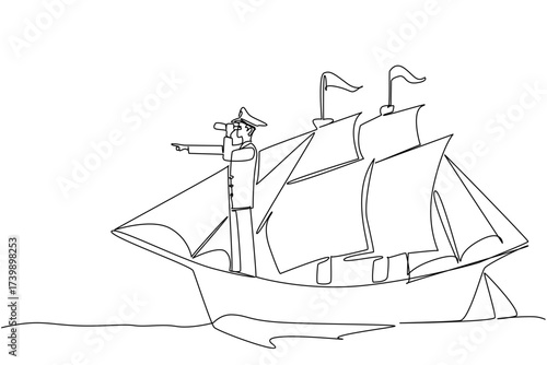 Single one line drawing ship captain standing on a sailboat using a binocular while monitoring. Looking for land to anchor. Do not Give Up the Ship Day. Continuous line design graphic illustration