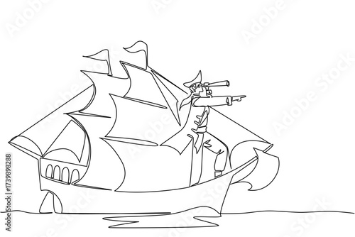 Single one line drawing pirate stands on a sailboat using a monocular while monitoring. Pirates prepare to devour other ships. Do not Give Up the Ship Day. Continuous line design graphic illustration
