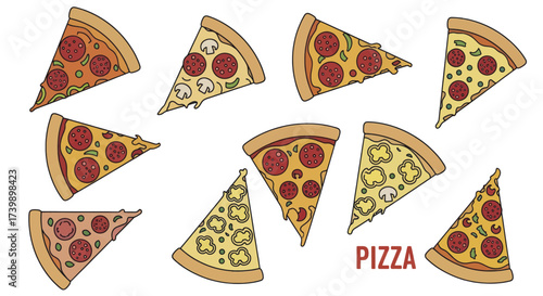 Set of assorted pizza slices with various toppings illustration.