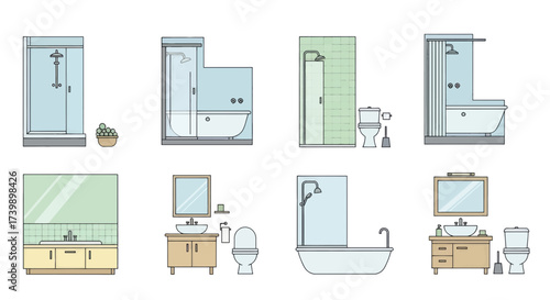Set of Bathroom Interior and Furniture Illustrations.