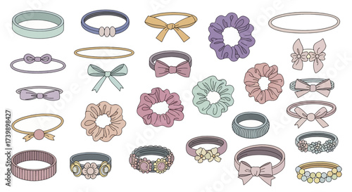 Set of cute cartoon hair accessories including scrunchies and hair ties.