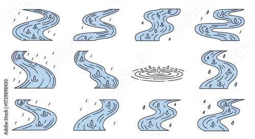 Collection of stylized winding river and rain drop icons.