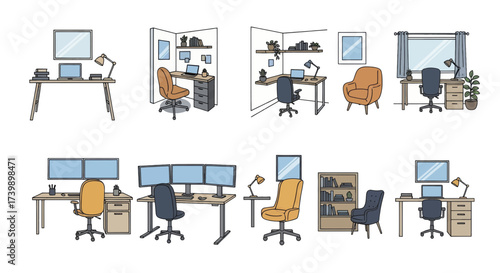 Collection of modern office and home office workspace interior designs.