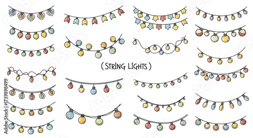 Handdrawn collection of colorful string lights and garlands.