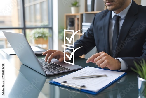 Businessman check and check mark online ,Business Agreements and Approvals ,Confirmation of contract documents or warranty card ,procedure company articles of association Terms and Conditions
