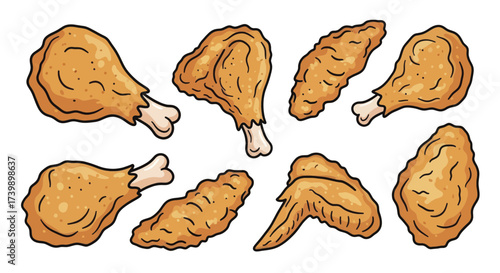 Collection of cartoon fried chicken pieces isolated on white.