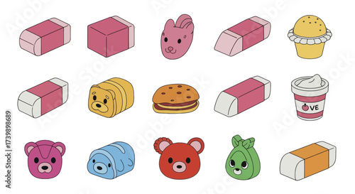 Collection of cute cartoon erasers in various shapes.