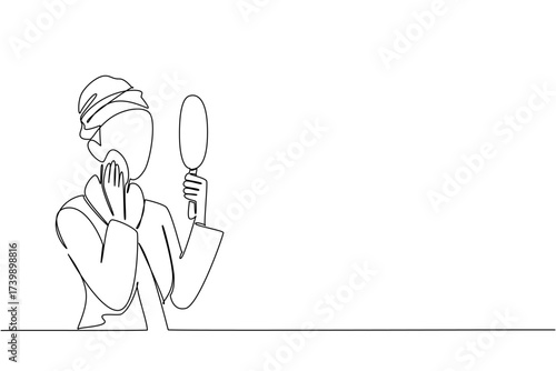Single one line drawing a woman wears a towel robe doing facial treatment. Looking in the mirror wearing powder. Grooming. National Skincare Education Day. Continuous line design graphic illustration