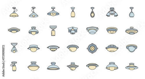 Vector icon set of different ceiling lamps and chandeliers.