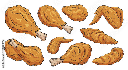 Set of cartoon fried chicken pieces illustration.