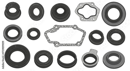 Set of various automotive gaskets and oil seals vector illustration.