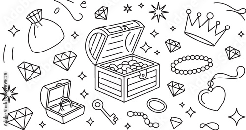 Treasure chest filled with jewels and gems isolated on white background