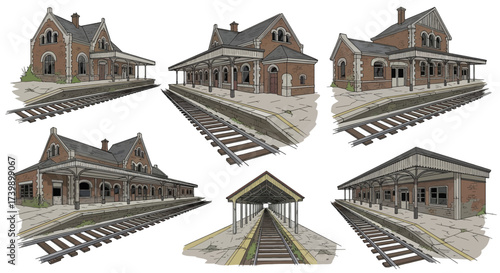 Collection of illustrations showing an old brick train station from multiple perspectives.