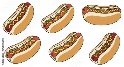 Set of six cartoon hot dogs with mustard and relish.