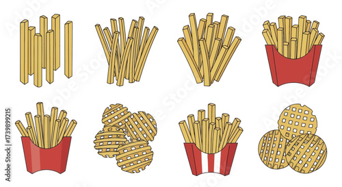 Set of French Fries Illustrations Regular and Waffle Cut.